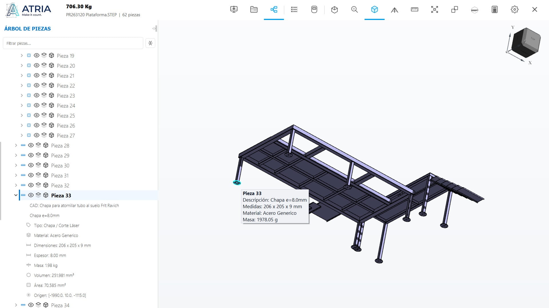 ATRIA — Visor 3D con modelo cargado y pieza seleccionada